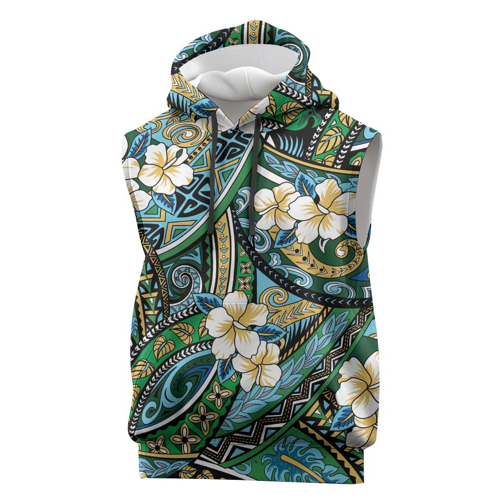 Polynesian Hibiscus Tropical Green Floral Sleeveless Hoodie Tribal Pattern LT01 Green - Polynesian Pride