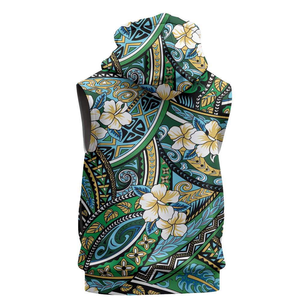 Polynesian Hibiscus Tropical Green Floral Sleeveless Hoodie Tribal Pattern LT01 - Polynesian Pride