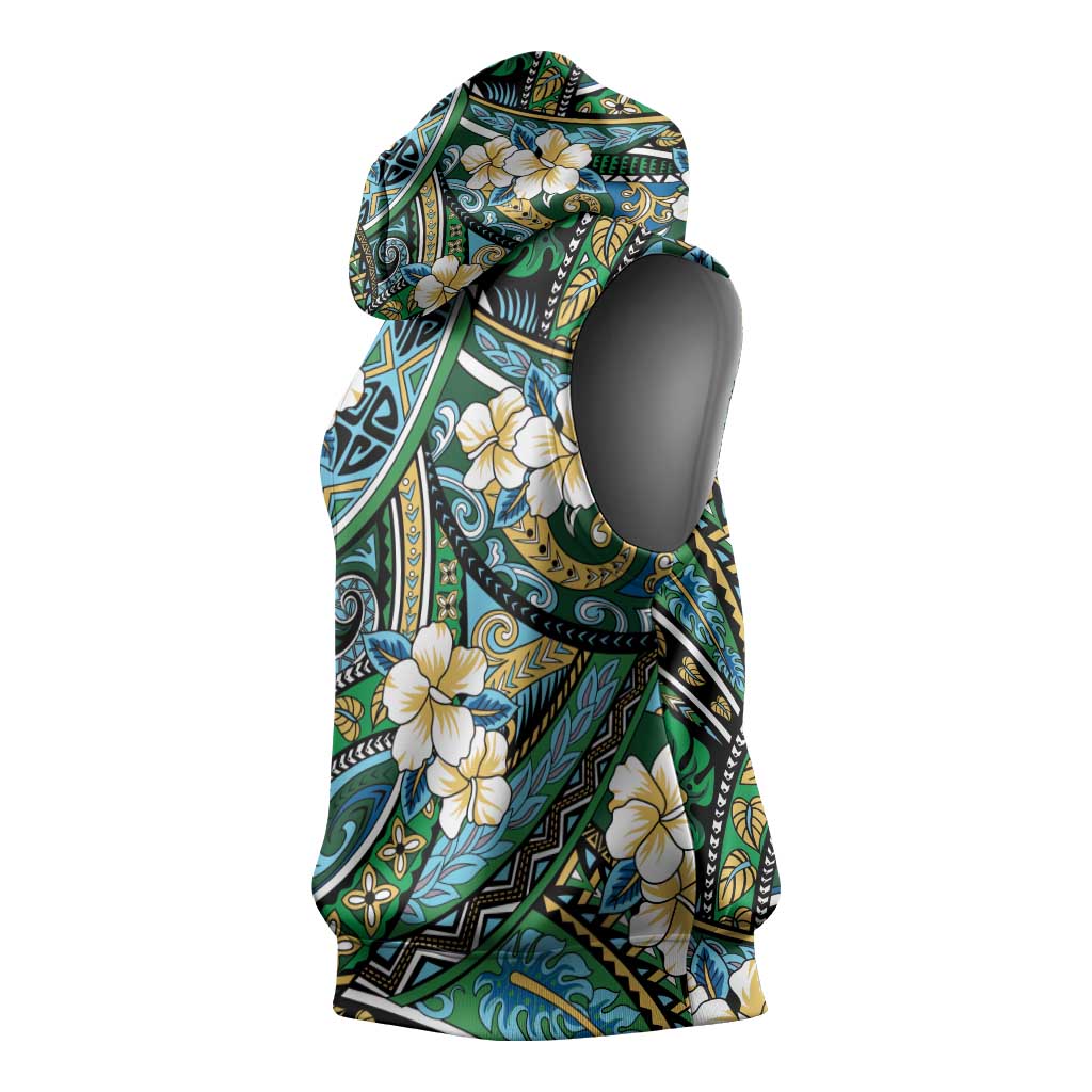 Polynesian Hibiscus Tropical Green Floral Sleeveless Hoodie Tribal Pattern LT01 - Polynesian Pride