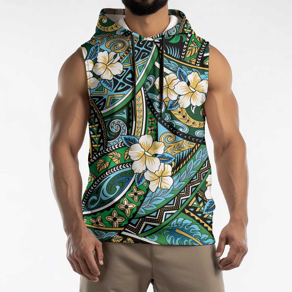 Polynesian Hibiscus Tropical Green Floral Sleeveless Hoodie Tribal Pattern LT01 - Polynesian Pride