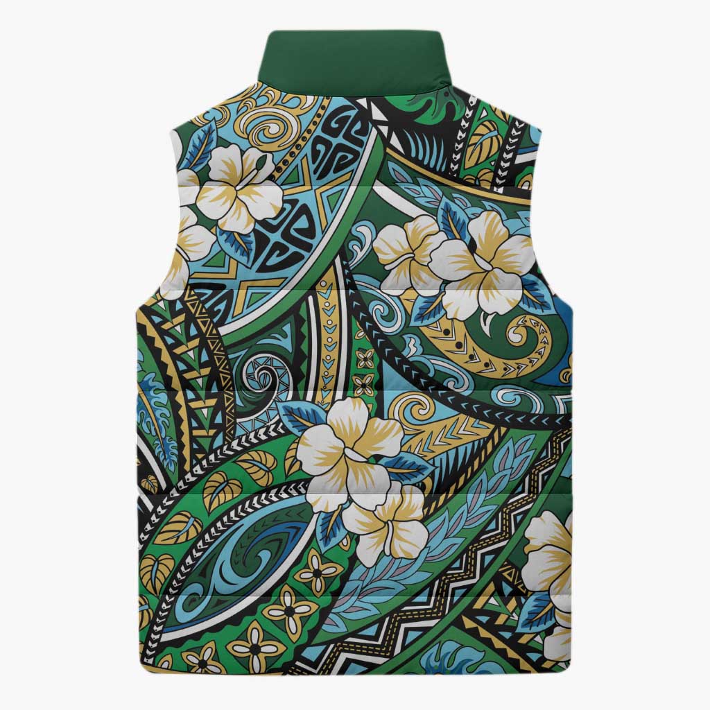 Polynesian Hibiscus Tropical Green Floral Sleeveless Puffer Jacket Tribal Pattern LT01 - Polynesian Pride
