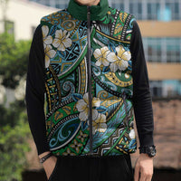 Polynesian Hibiscus Tropical Green Floral Sleeveless Puffer Jacket Tribal Pattern LT01 - Polynesian Pride