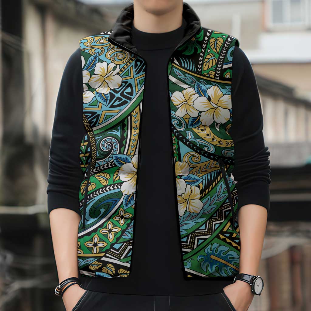 Polynesian Hibiscus Tropical Green Floral Sleeveless Puffer Jacket Tribal Pattern LT01 - Polynesian Pride