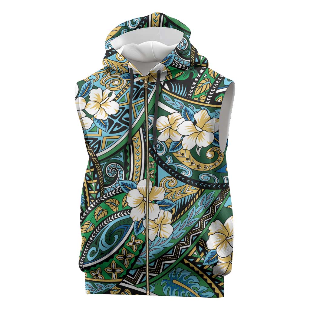 Polynesian Hibiscus Tropical Green Floral Sleeveless Zip Hoodie Tribal Pattern - Polynesian Pride