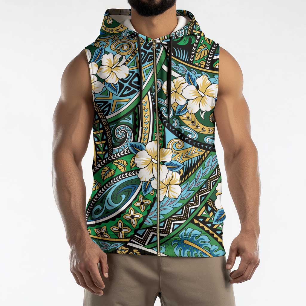 Polynesian Hibiscus Tropical Green Floral Sleeveless Zip Hoodie Tribal Pattern - Polynesian Pride