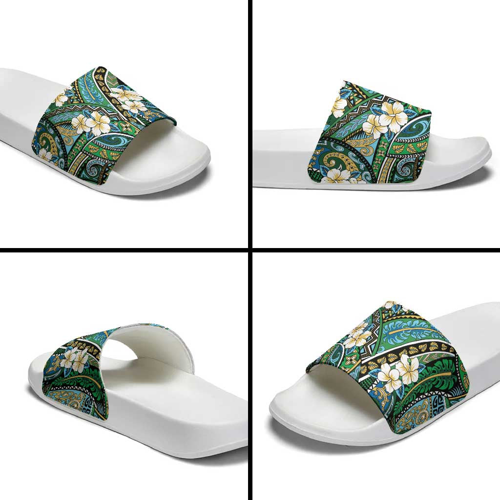 Polynesian Hibiscus Tropical Green Floral Slide Sandals Tribal Pattern - Polynesian Pride