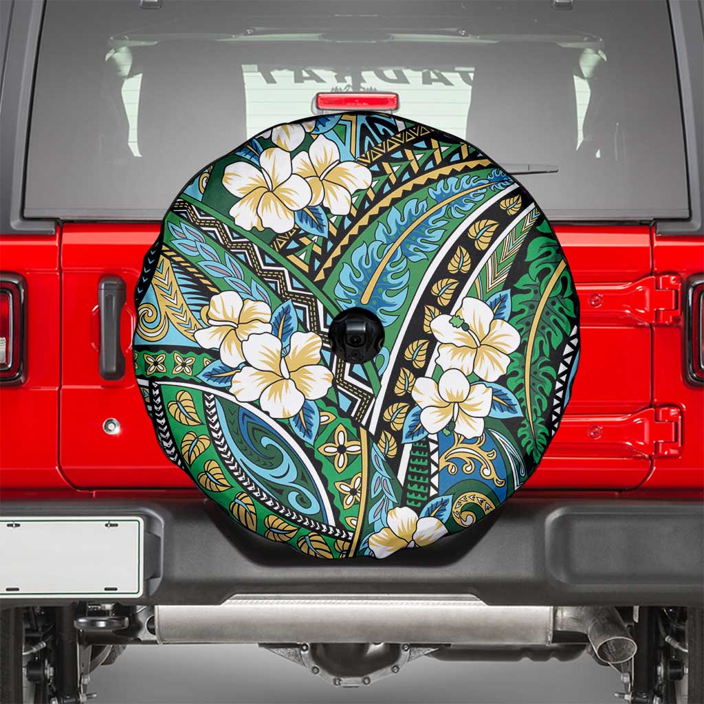 Polynesian Hibiscus Tropical Green Floral Spare Tire Cover Tribal Pattern - Polynesian Pride