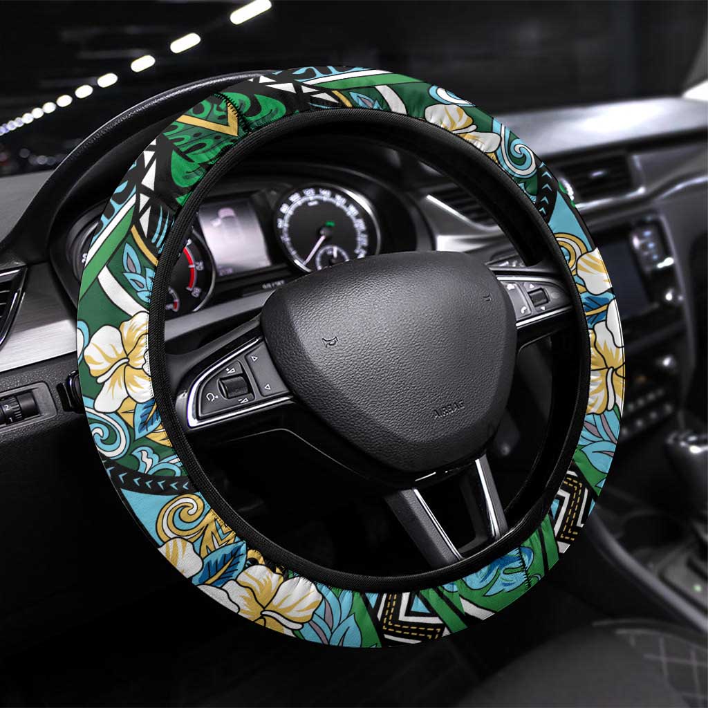 Polynesian Hibiscus Tropical Green Floral Steering Wheel Cover Tribal Pattern LT01 Universal Fit Green - Polynesian Pride