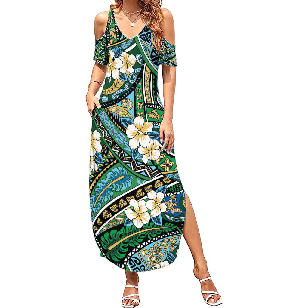 Polynesian Hibiscus Tropical Green Floral Summer Maxi Dress Tribal Pattern LT01 Women Green - Polynesian Pride