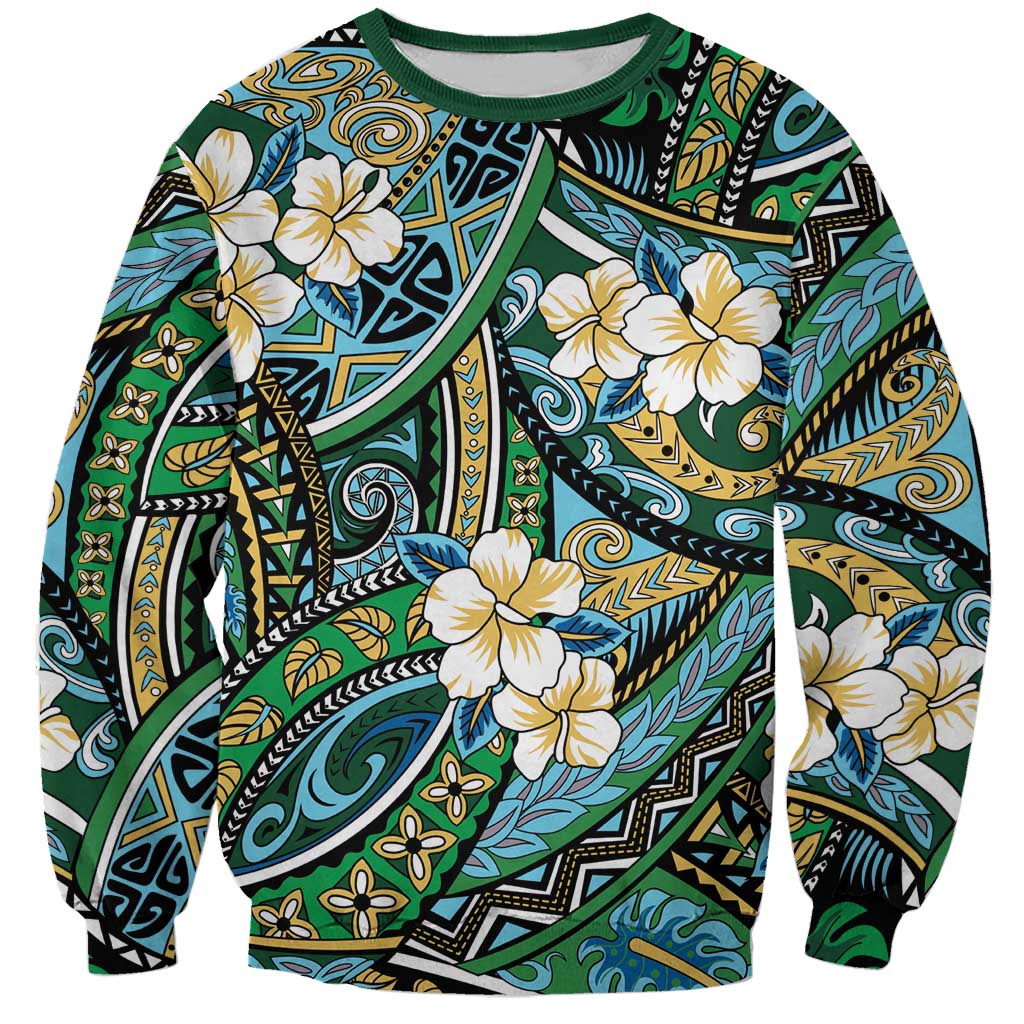 Polynesian Hibiscus Tropical Green Floral Sweatshirt Tribal Pattern LT01 Unisex Green - Polynesian Pride