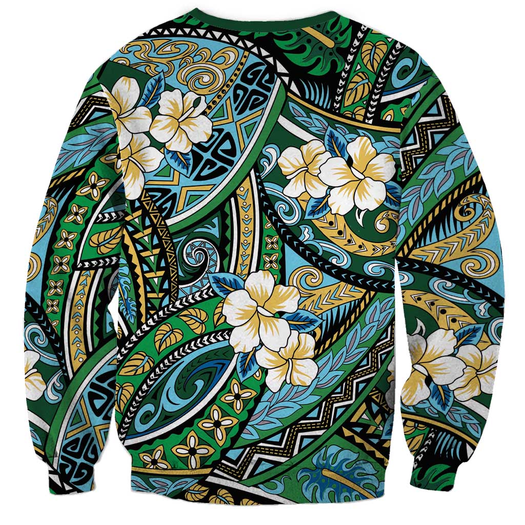 Polynesian Hibiscus Tropical Green Floral Sweatshirt Tribal Pattern LT01 - Polynesian Pride