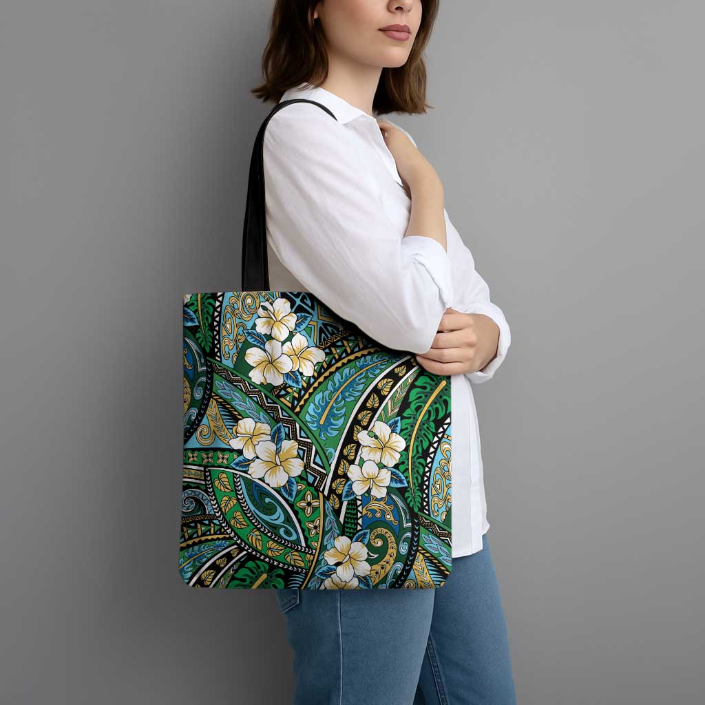 Polynesian Hibiscus Tropical Green Floral Tote Bag Tribal Pattern - Polynesian Pride