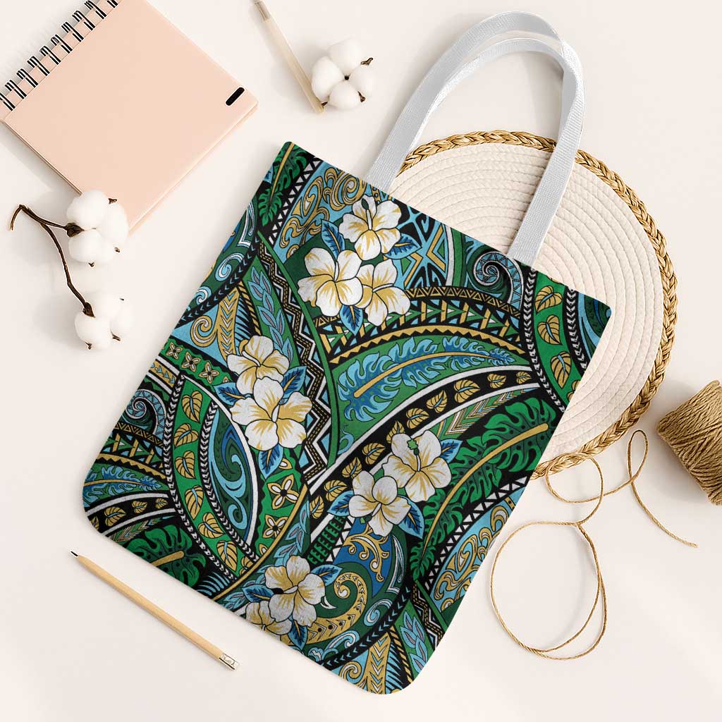 Polynesian Hibiscus Tropical Green Floral Tote Bag Tribal Pattern - Polynesian Pride