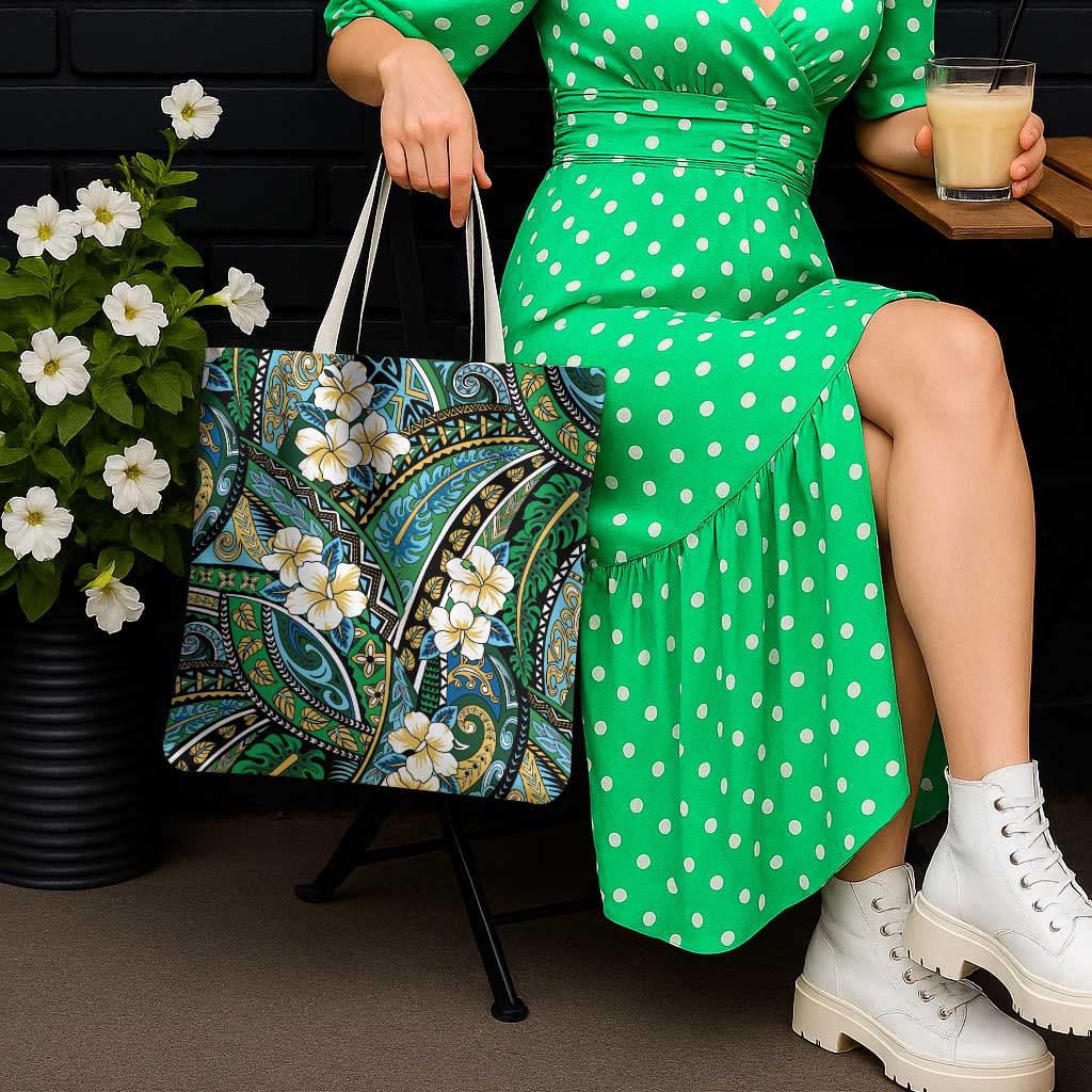 Polynesian Hibiscus Tropical Green Floral Tote Bag Tribal Pattern - Polynesian Pride