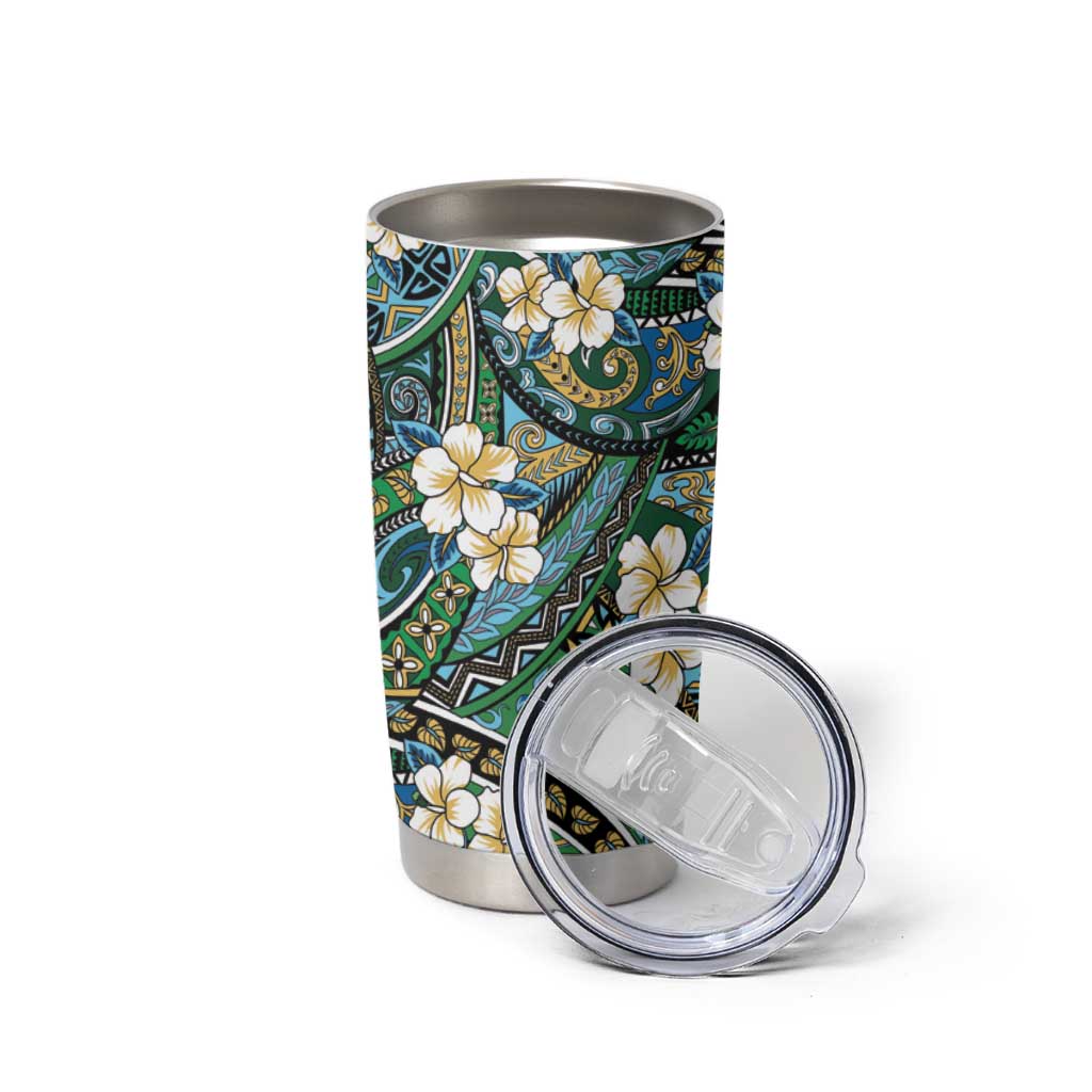Polynesian Hibiscus Tropical Green Floral Tumbler Cup Tribal Pattern - Polynesian Pride