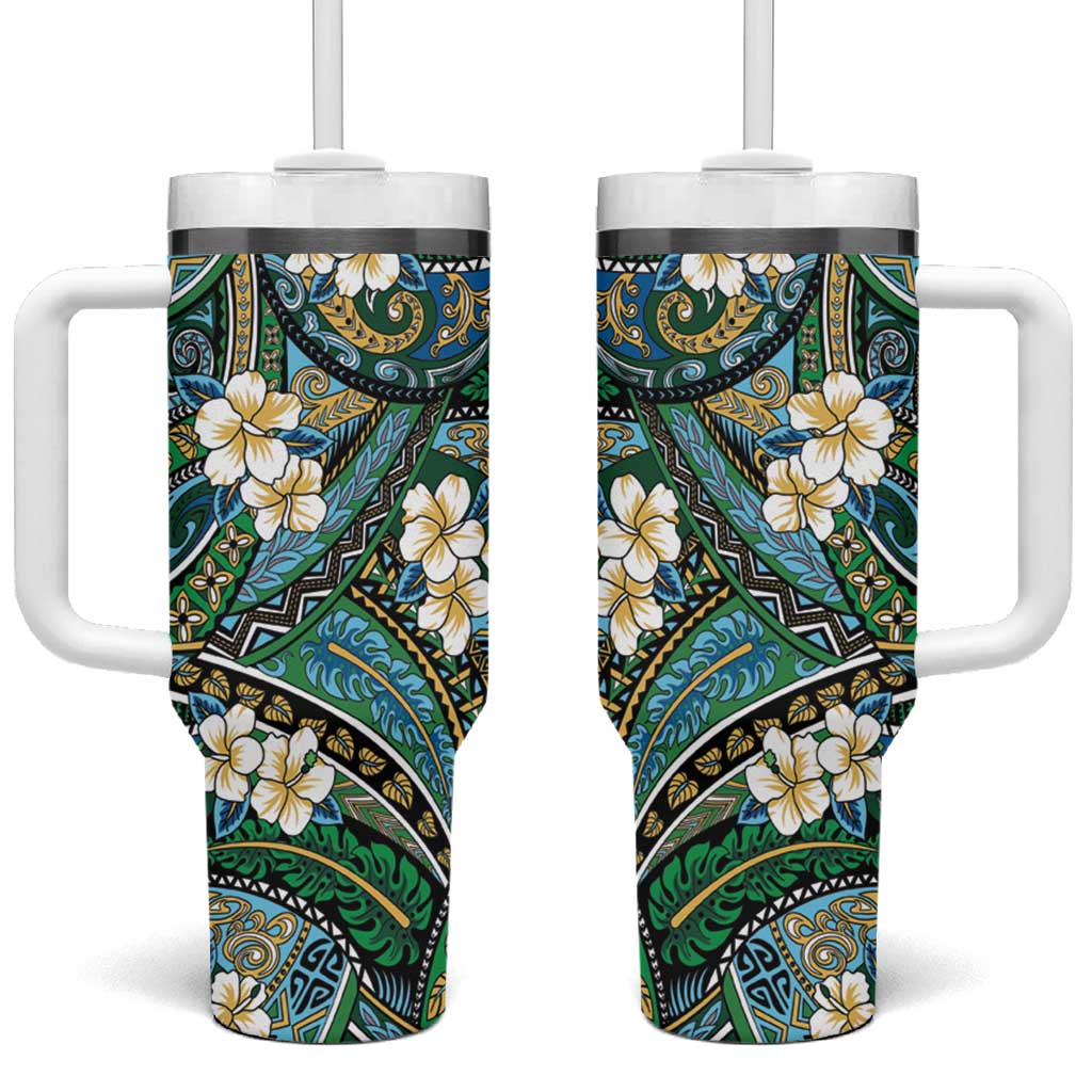 Polynesian Hibiscus Tropical Green Floral Tumbler With Handle Tribal Pattern - Polynesian Pride