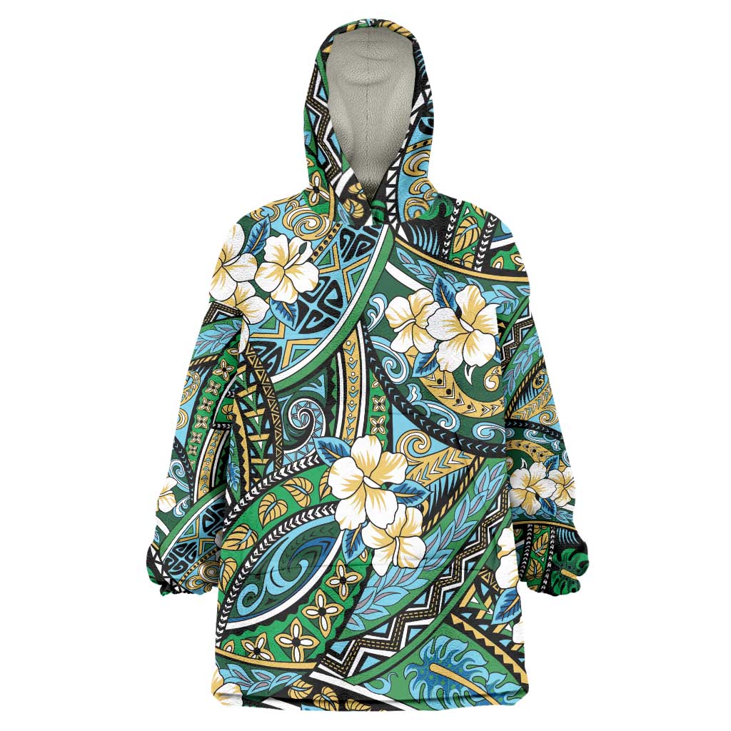 Polynesian Hibiscus Tropical Green Floral Wearable Blanket Hoodie Tribal Pattern LT01 One Size Green - Polynesian Pride