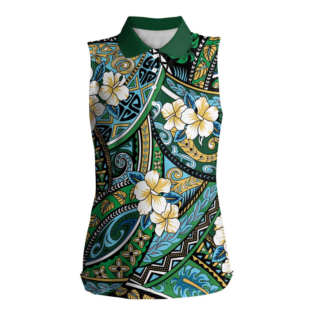Polynesian Hibiscus Tropical Green Floral Women Sleeveless Polo Shirt Tribal Pattern LT01 Female Green - Polynesian Pride