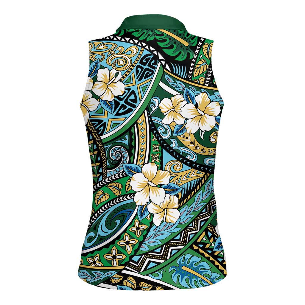 Polynesian Hibiscus Tropical Green Floral Women Sleeveless Polo Shirt Tribal Pattern LT01 - Polynesian Pride