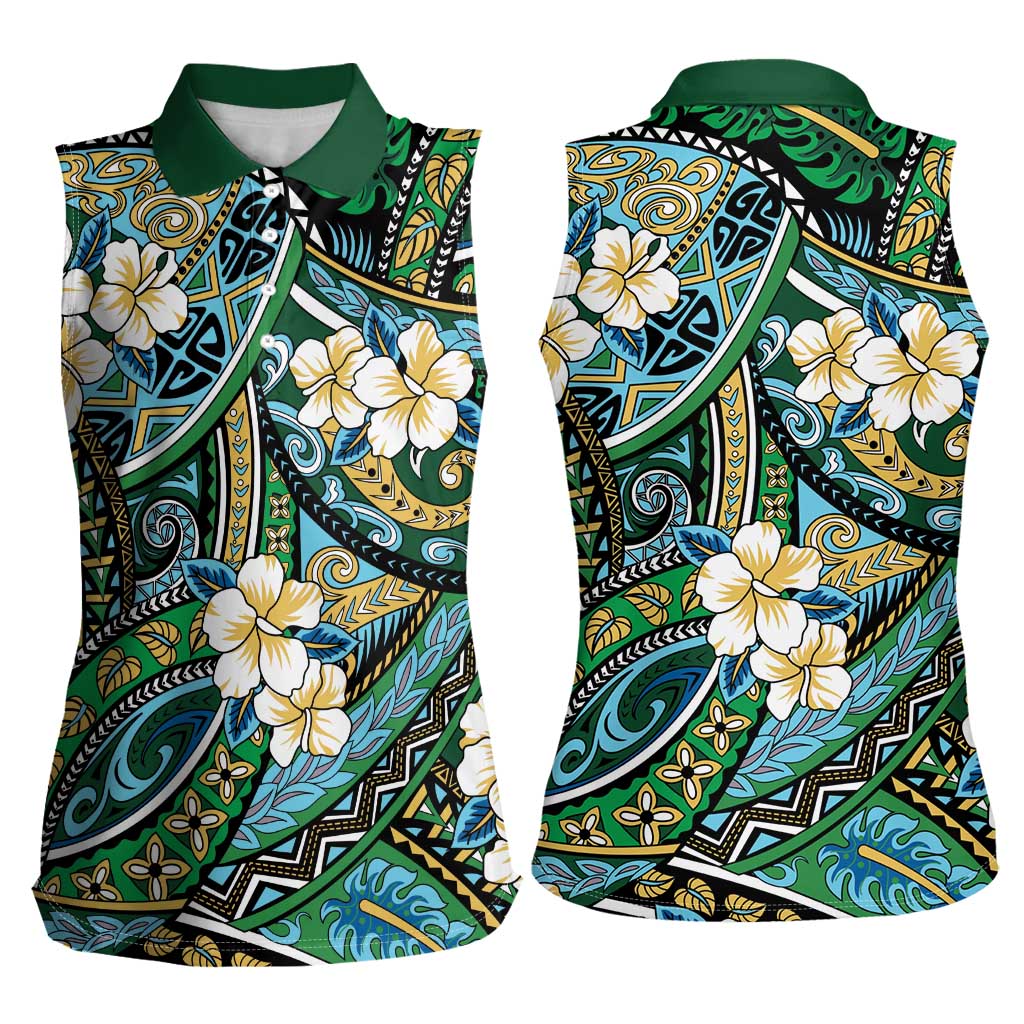 Polynesian Hibiscus Tropical Green Floral Women Sleeveless Polo Shirt Tribal Pattern LT01 - Polynesian Pride
