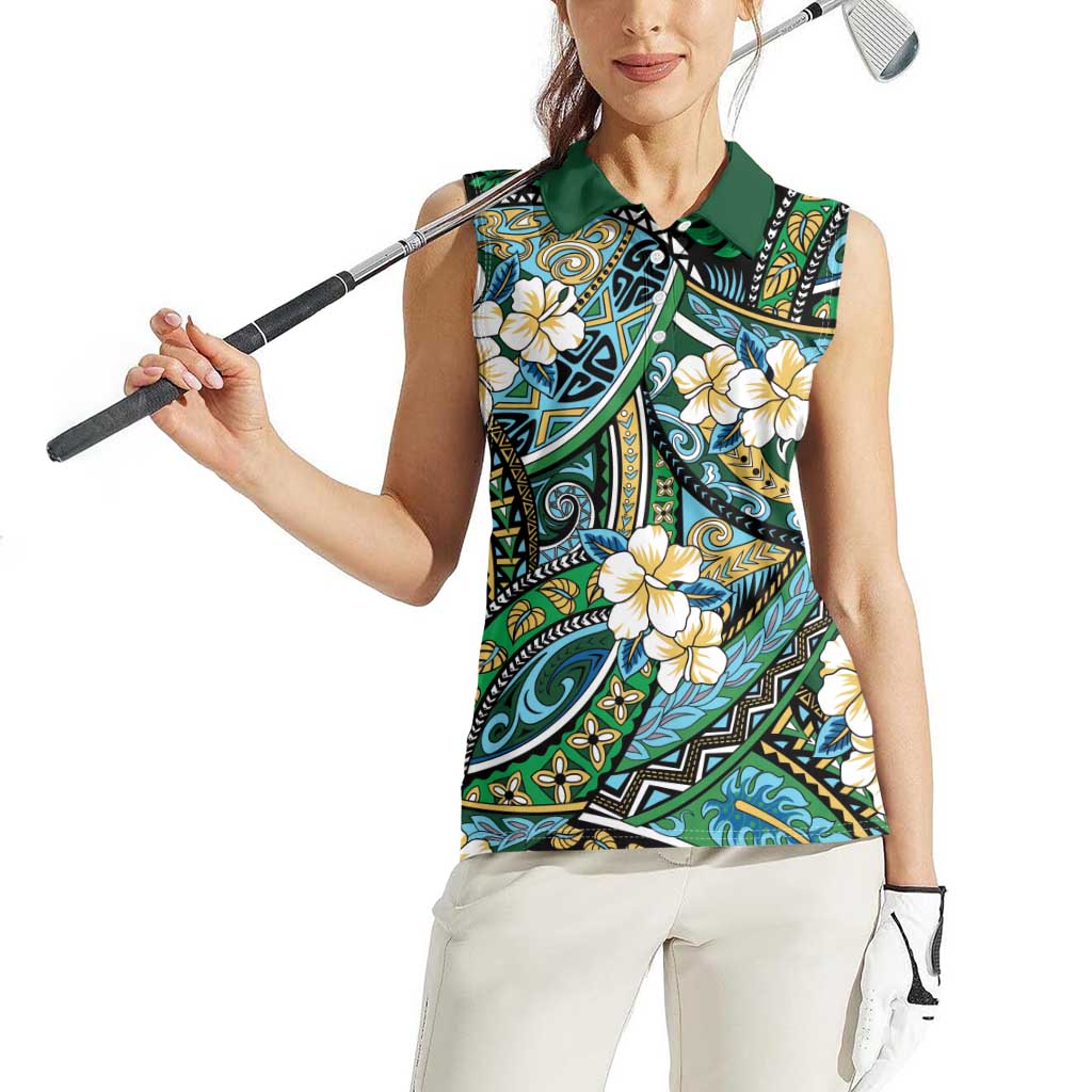 Polynesian Hibiscus Tropical Green Floral Women Sleeveless Polo Shirt Tribal Pattern LT01 - Polynesian Pride