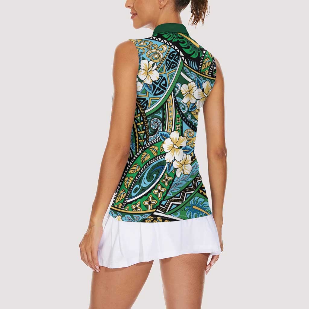 Polynesian Hibiscus Tropical Green Floral Women Sleeveless Polo Shirt Tribal Pattern LT01 - Polynesian Pride
