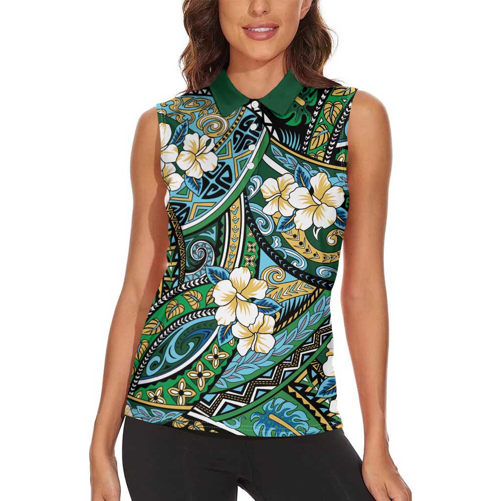 Polynesian Hibiscus Tropical Green Floral Women Sleeveless Polo Shirt Tribal Pattern LT01 - Polynesian Pride