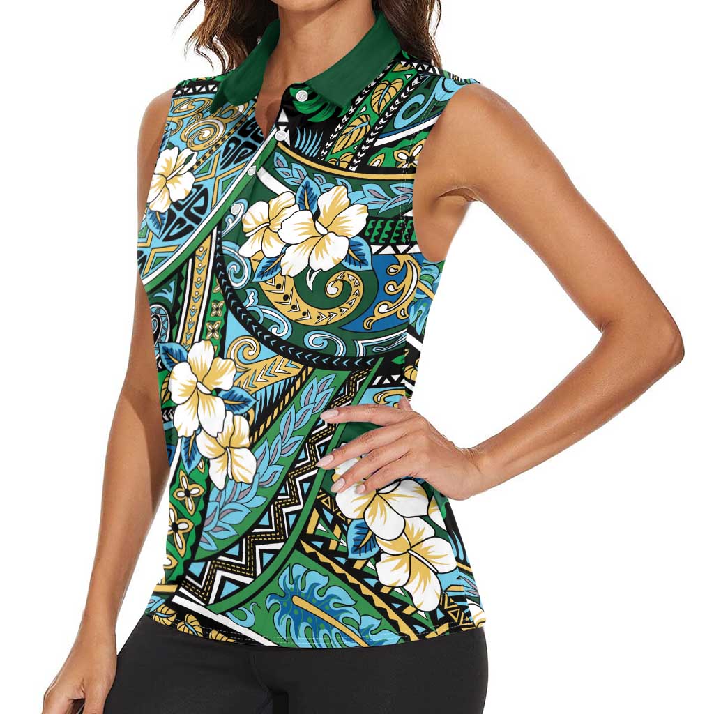 Polynesian Hibiscus Tropical Green Floral Women Sleeveless Polo Shirt Tribal Pattern LT01 - Polynesian Pride