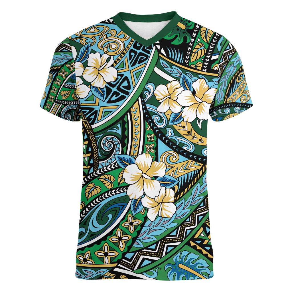 Polynesian Hibiscus Tropical Green Floral Women V-Neck T-Shirt Tribal Pattern - Polynesian Pride
