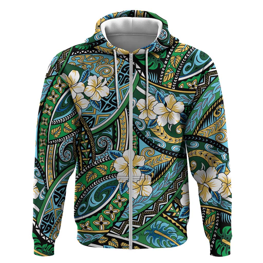 Polynesian Hibiscus Tropical Green Floral Zip Hoodie Tribal Pattern - Polynesian Pride