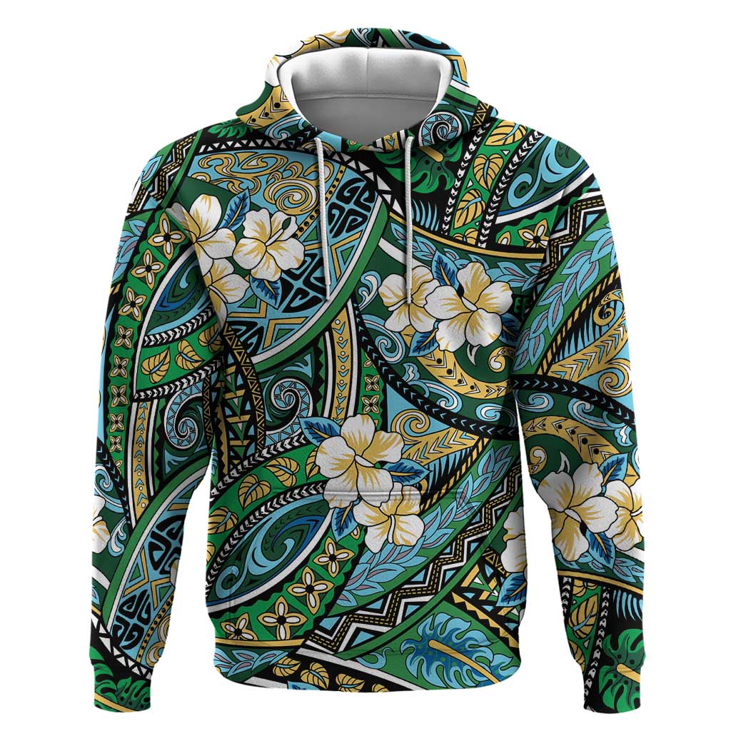 Polynesian Hibiscus Tropical Green Floral Zip Hoodie Tribal Pattern - Polynesian Pride