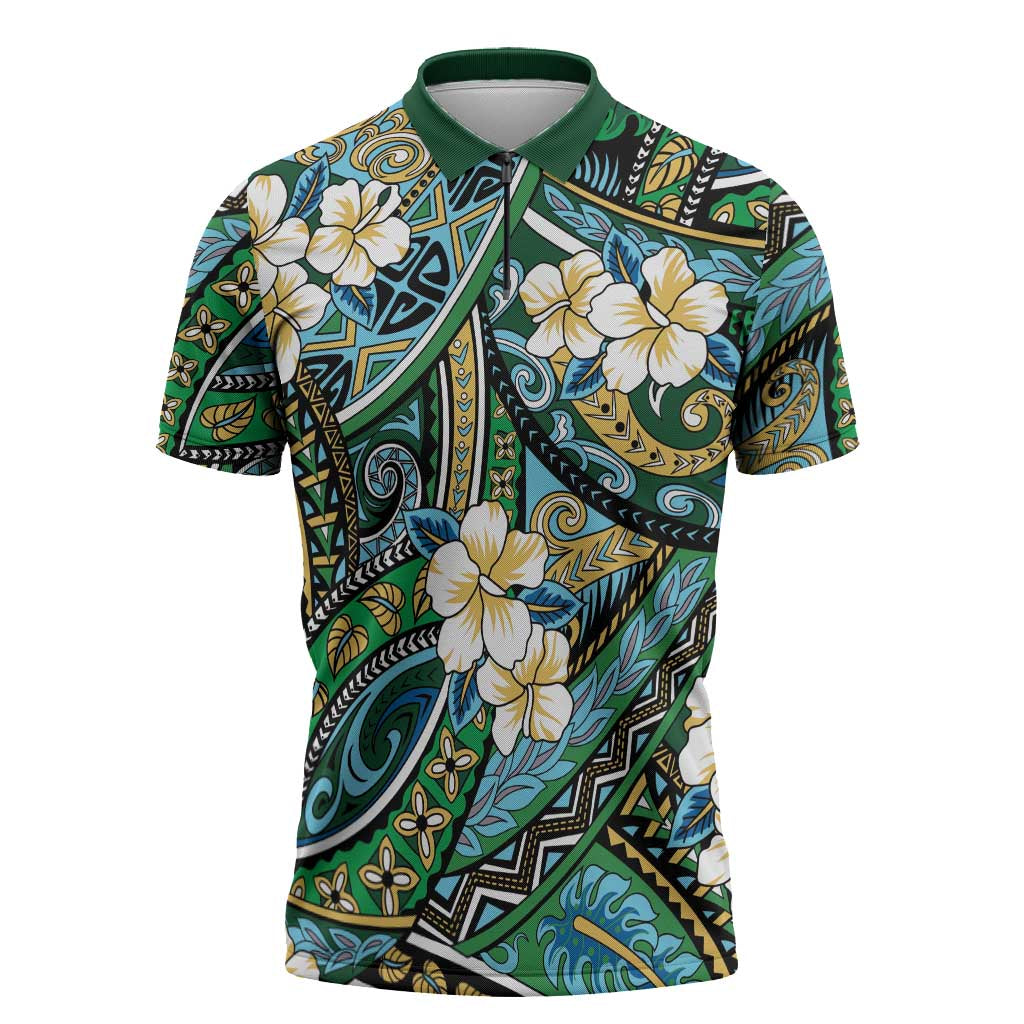 Polynesian Hibiscus Tropical Green Floral Zipper Polo Shirt Tribal Pattern LT01 Green - Polynesian Pride