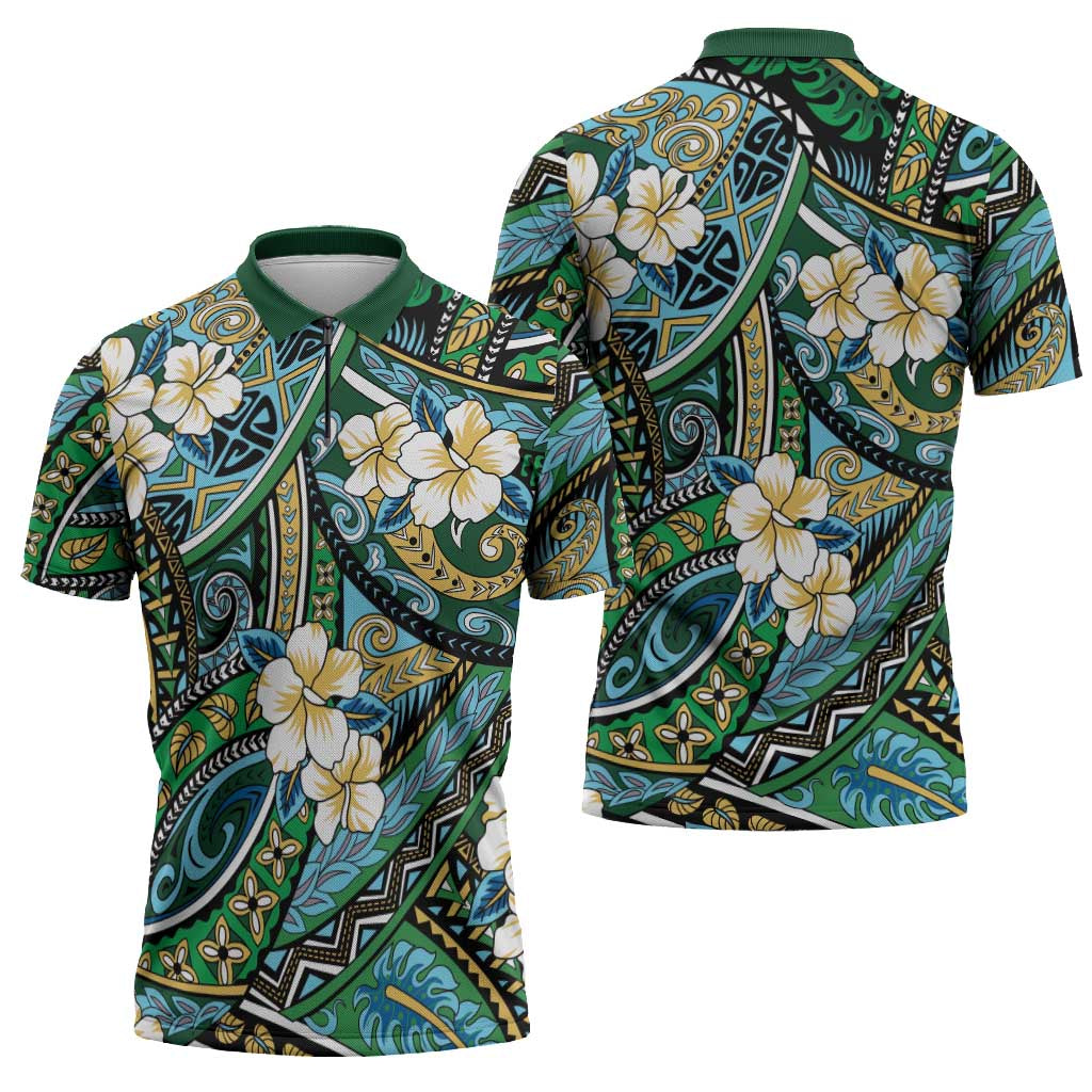 Polynesian Hibiscus Tropical Green Floral Zipper Polo Shirt Tribal Pattern LT01 - Polynesian Pride