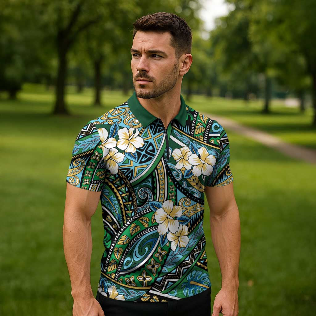 Polynesian Hibiscus Tropical Green Floral Zipper Polo Shirt Tribal Pattern LT01 - Polynesian Pride
