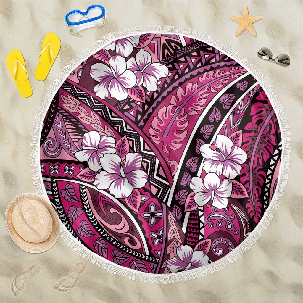 Polynesian Hibiscus Tropical Pink Floral Beach Blanket Tribal Pattern LT01 One Size 150cm Pink - Polynesian Pride