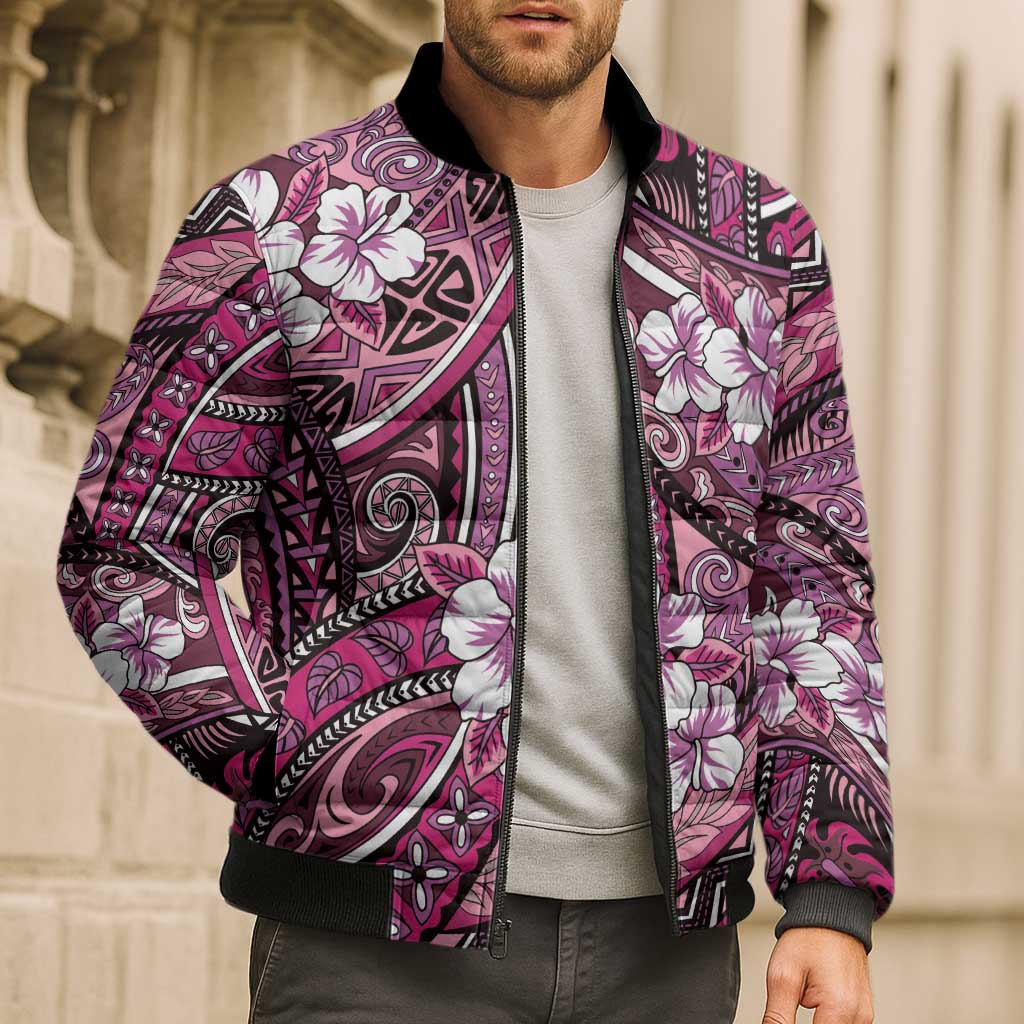 Polynesian Hibiscus Tropical Pink Floral Bomber Puffer Jacket Tribal Pattern LT01 - Polynesian Pride
