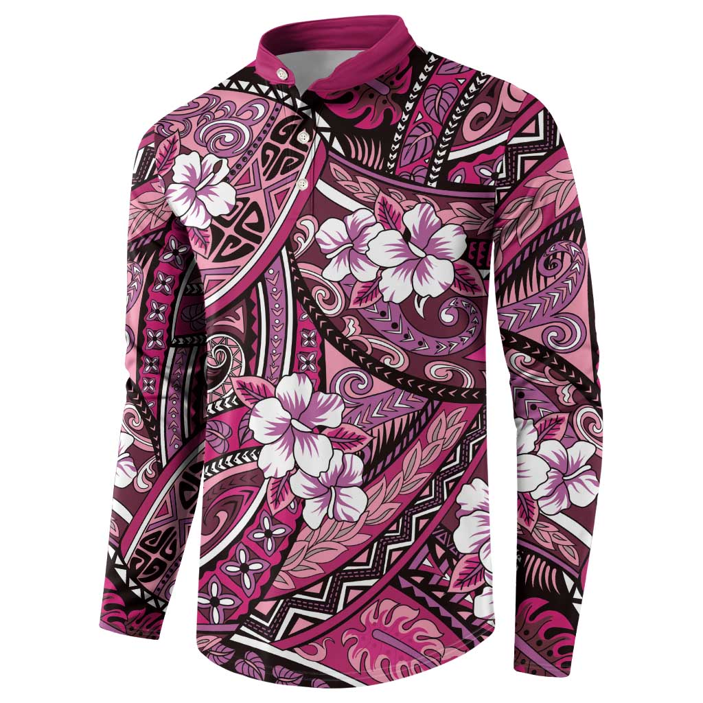 Polynesian Hibiscus Tropical Pink Floral Button Sweatshirt Tribal Pattern LT01 - Polynesian Pride
