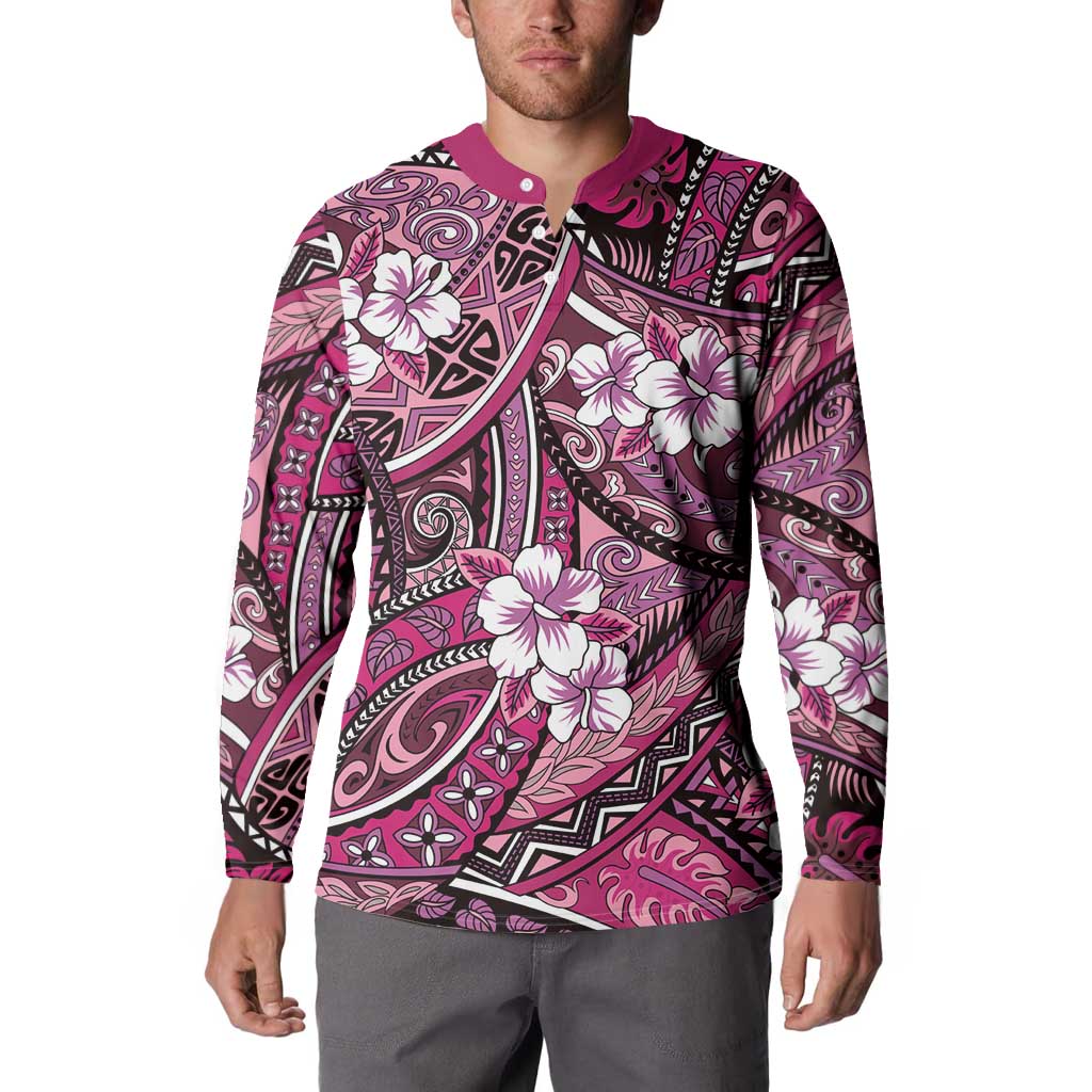Polynesian Hibiscus Tropical Pink Floral Button Sweatshirt Tribal Pattern LT01 - Polynesian Pride
