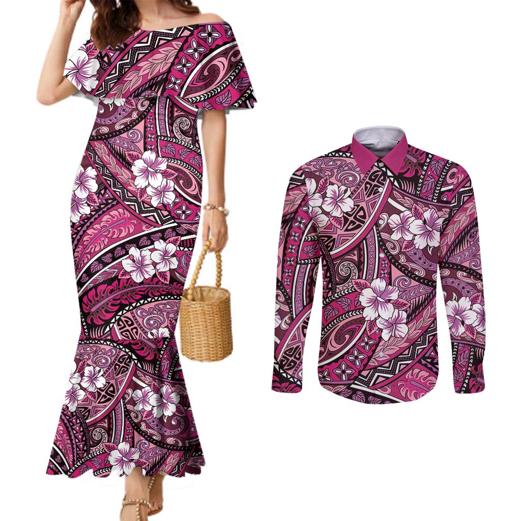 Polynesian Hibiscus Tropical Pink Floral Couples Matching Mermaid Dress and Long Sleeve Button Shirt Tribal Pattern LT01 Pink - Polynesian Pride