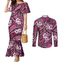 Polynesian Hibiscus Tropical Pink Floral Couples Matching Mermaid Dress and Long Sleeve Button Shirt Tribal Pattern LT01 Pink - Polynesian Pride