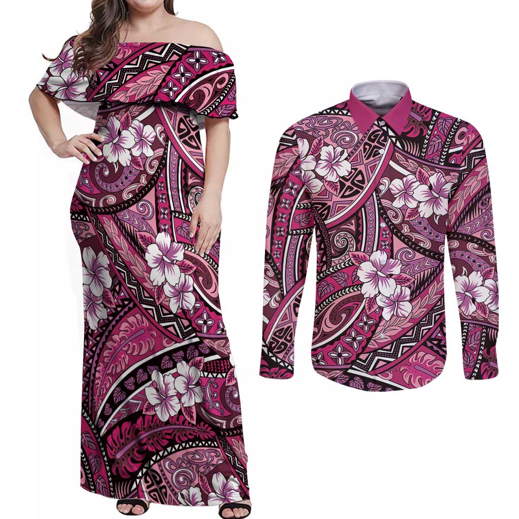 Polynesian Hibiscus Tropical Pink Floral Couples Matching Off Shoulder Maxi Dress and Long Sleeve Button Shirt Tribal Pattern LT01 Pink - Polynesian Pride
