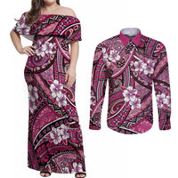 Polynesian Hibiscus Tropical Pink Floral Couples Matching Off Shoulder Maxi Dress and Long Sleeve Button Shirt Tribal Pattern LT01 Pink - Polynesian Pride