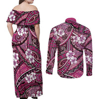 Polynesian Hibiscus Tropical Pink Floral Couples Matching Off Shoulder Maxi Dress and Long Sleeve Button Shirt Tribal Pattern LT01 - Polynesian Pride