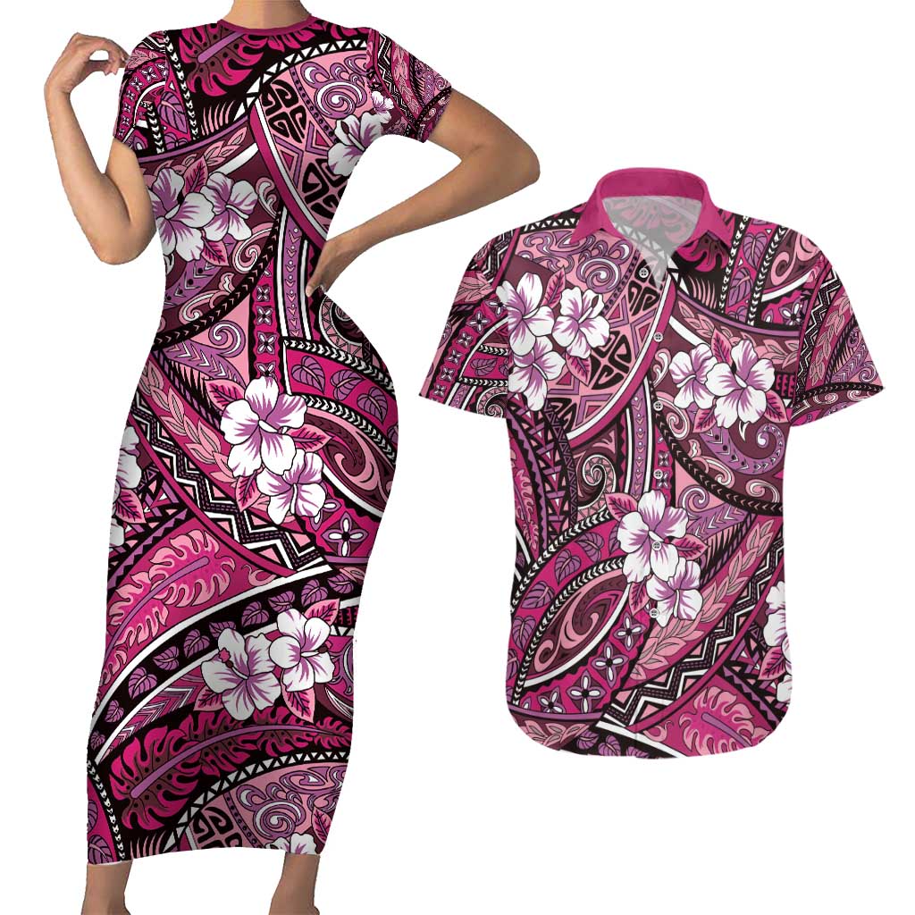 Polynesian Hibiscus Tropical Pink Floral Couples Matching Short Sleeve Bodycon Dress and Hawaiian Shirt Tribal Pattern - Polynesian Pride