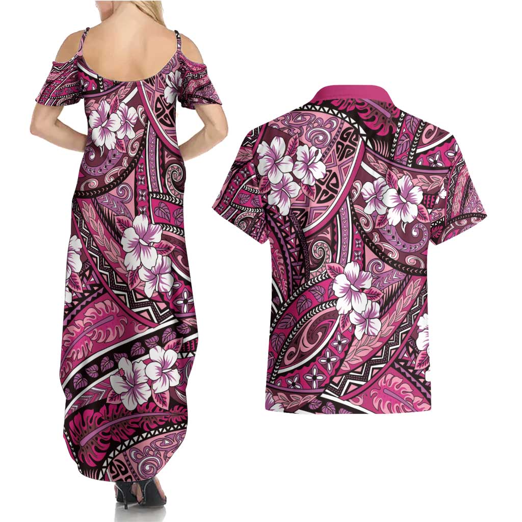 Polynesian Hibiscus Tropical Pink Floral Couples Matching Summer Maxi Dress and Hawaiian Shirt Tribal Pattern - Polynesian Pride