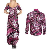 Polynesian Hibiscus Tropical Pink Floral Couples Matching Summer Maxi Dress and Long Sleeve Button Shirt Tribal Pattern LT01 - Polynesian Pride