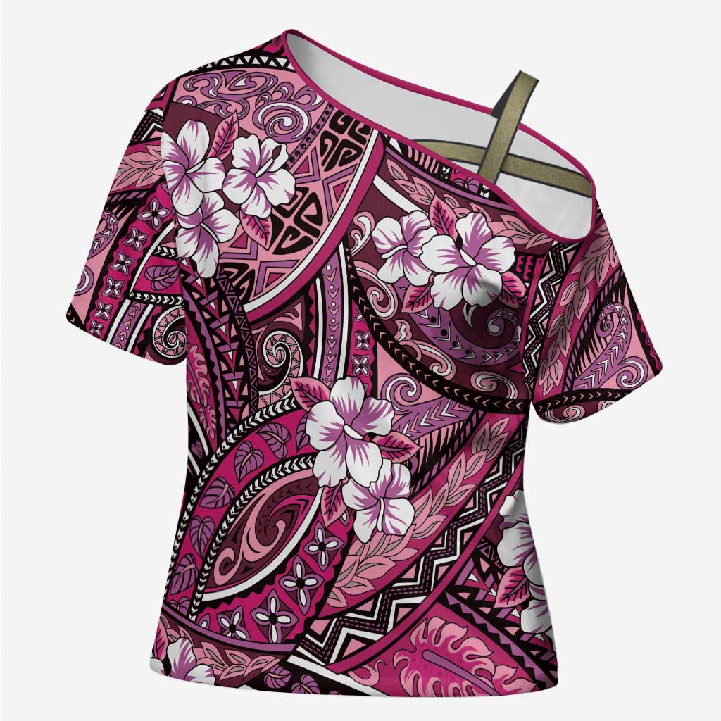 Polynesian Hibiscus Tropical Pink Floral Cross Shoulder Shirt Tribal Pattern LT01 Female Pink - Polynesian Pride