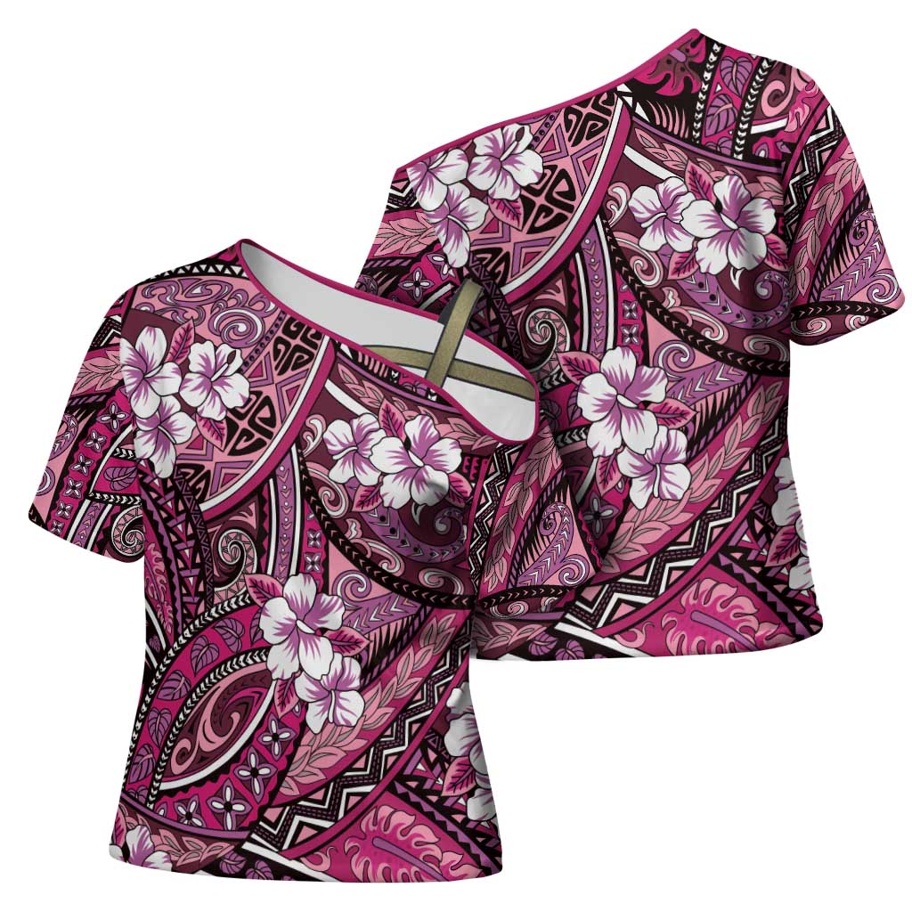 Polynesian Hibiscus Tropical Pink Floral Cross Shoulder Shirt Tribal Pattern LT01 - Polynesian Pride