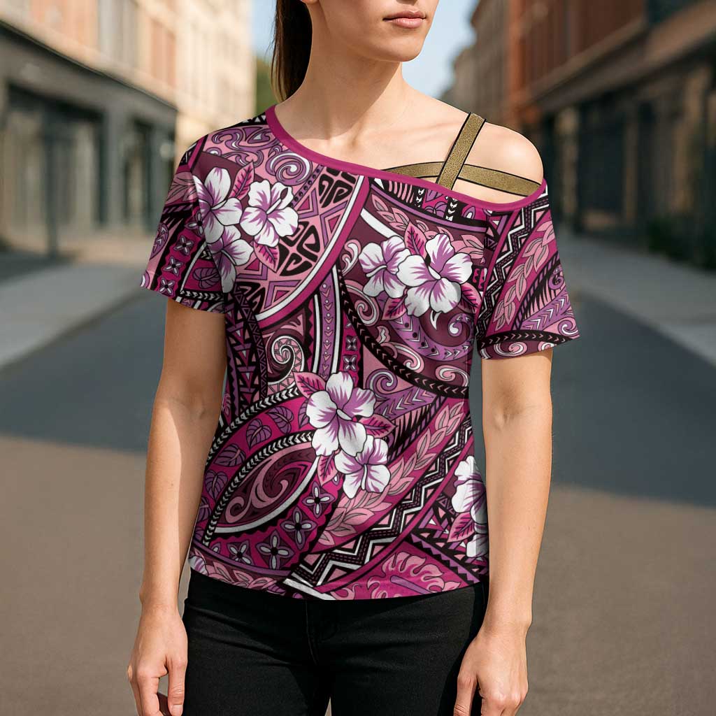 Polynesian Hibiscus Tropical Pink Floral Cross Shoulder Shirt Tribal Pattern LT01 - Polynesian Pride