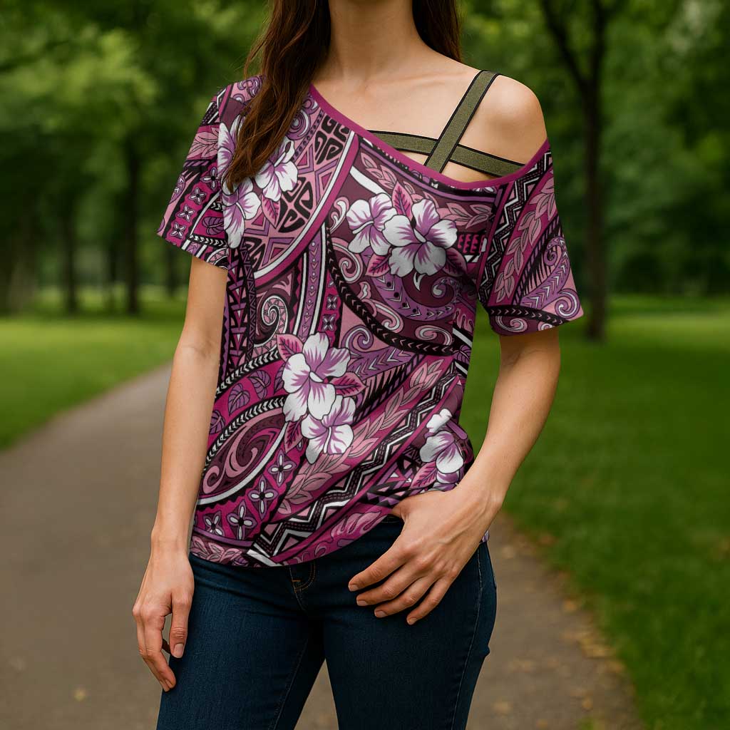 Polynesian Hibiscus Tropical Pink Floral Cross Shoulder Shirt Tribal Pattern LT01 - Polynesian Pride